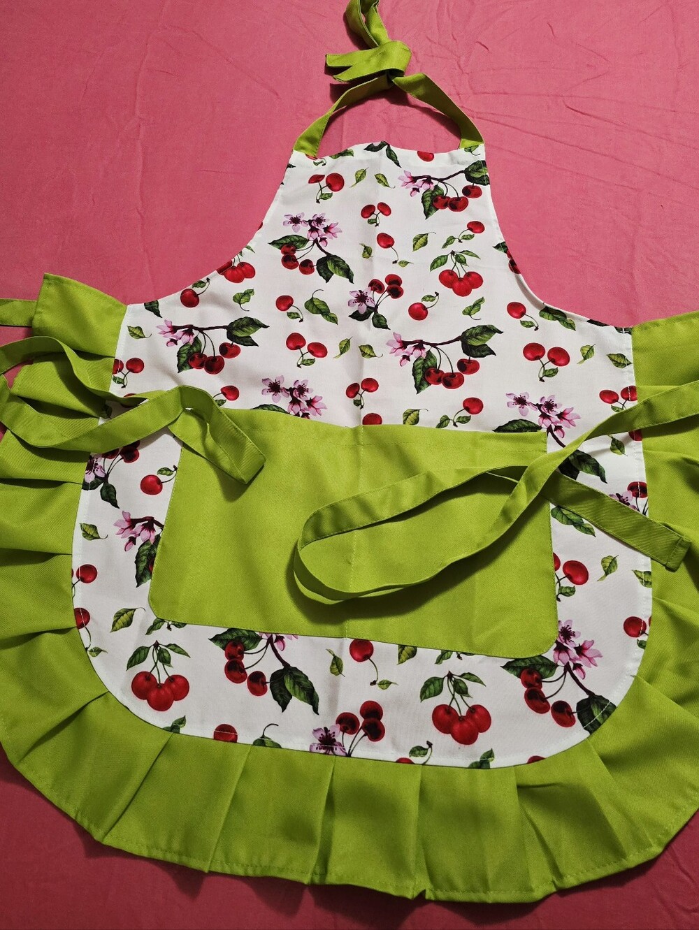 Vintage Style Kitchen Half Apron Cherries Green Ruffles 1950s Mid-Century